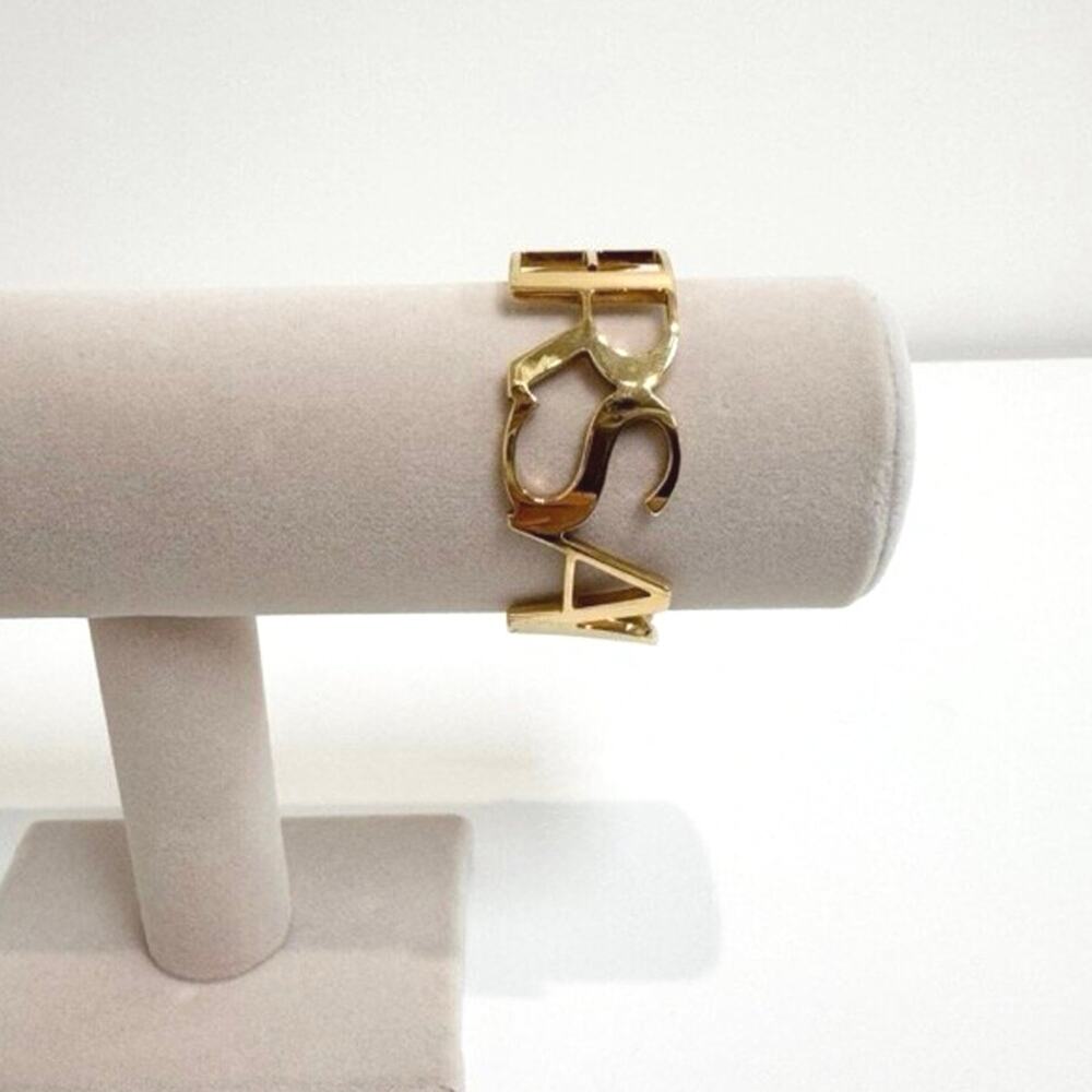 VERSACE Logo Text Cuff Gold-tone Brass Bracelet M Cut Out Large Bangle